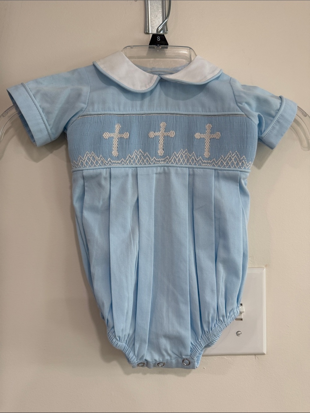 Baby Light Blue Embroidered Cross Footie One-Piece